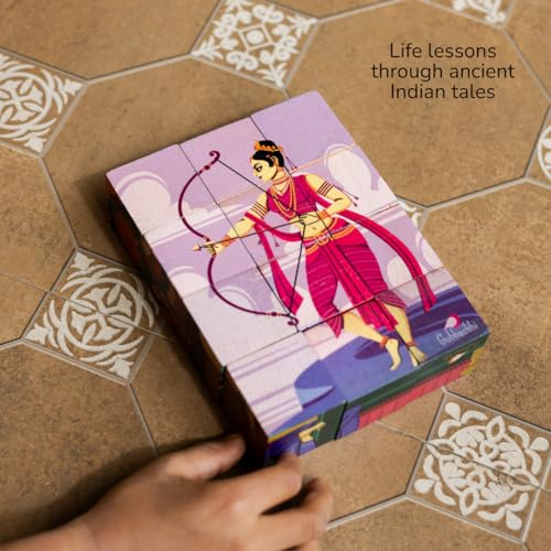 Image of 3D Wooden Toys for Kids 3-8 Yrs | 6 Puzzles in 1 Toy + 30 Activities | 12 Natual Wooden Puzzles for Kids with Activity Book | Indian Folk Art Wooden Blocks | Mahabharata Theme