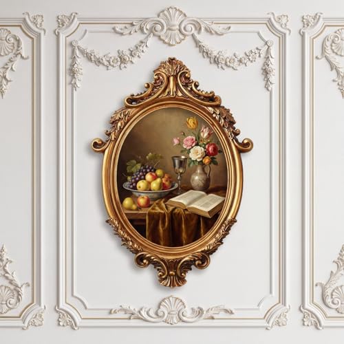 Image of Wonderjune 7x9 Inch Vintage Oval Gold Picture Frame, Carved Resin Antique Ornate Frame for Tabletop or Wall Hanging Display, Victorian Baroque Home Decor