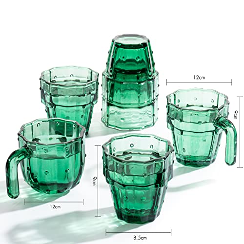Cactus Stackable Glasses, Stacktus Gifts, Set Of 6-10 Oz Cactus Shape Glasses With Handles Green Glass Blown Figurines Plant Decorations For Parties 3.5" H 5" W - Copyright Design, Patent Pending #TOP2