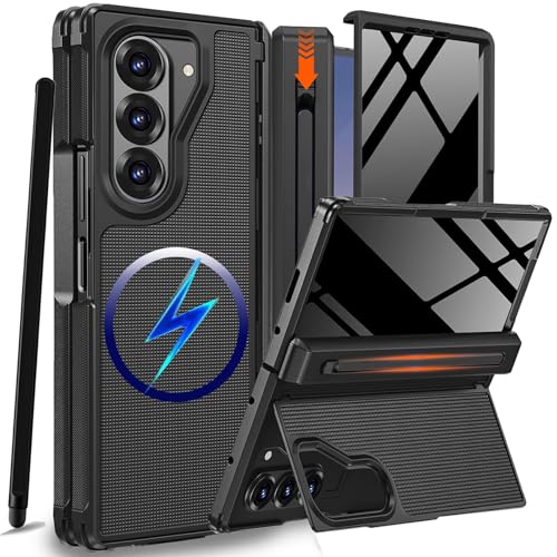 NINKI for Samsung Galaxy Z Fold 6 Case with S Pen Holder & Stylus and Invisible Kickstand, Magnetic Privacy Screen Protector Hinge Phone Cover for Samsung Z Fold 6 Case with Slim S Pen Slot – Black