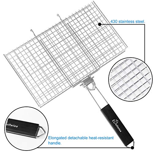 WolfWise Portable Grilling Basket BBQ Barbecue Tool Work for Fish Vegetable Steak Meat Shrimp Chops, Made of Durable 430 Stainless Steel, Large