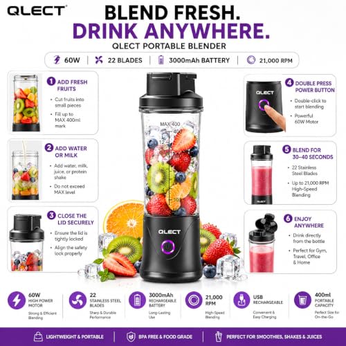 Image of QLECT Portable Juicer Blender 400ML, 22 Stainless Steel Blades, 3000mAh Battery, 7.4V Motor, USB Type-C Rechargeable Smoothie Maker for Fruits, Protein Shakes & Travel(Black)