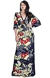 KOH KOH Plus Size Womens Long 3/4 Sleeve V Neck Floral Print Boho Hawaiian Outfit Summer Casual Flowy Beach Wear Maternity Empire Waist Modest Gown Gowns Maxi Dress Dresses, Dark Navy Blue XL 14-16