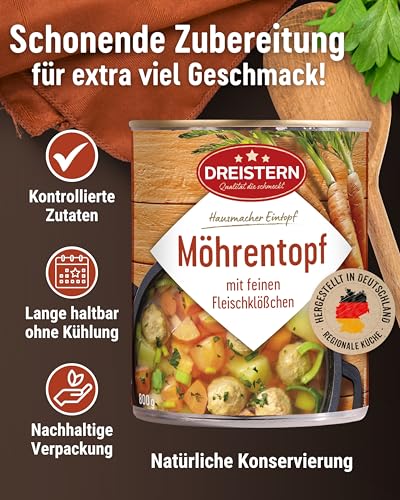 DREISTERN Möhreneintopf 800g I Mit Fleischbällchen & Gemüse I Herzhafter Eintopf in recyclebarer Konservendose I Lange Haltbarkeit dank natürlicher Konservierung I Hausmacher Qualität