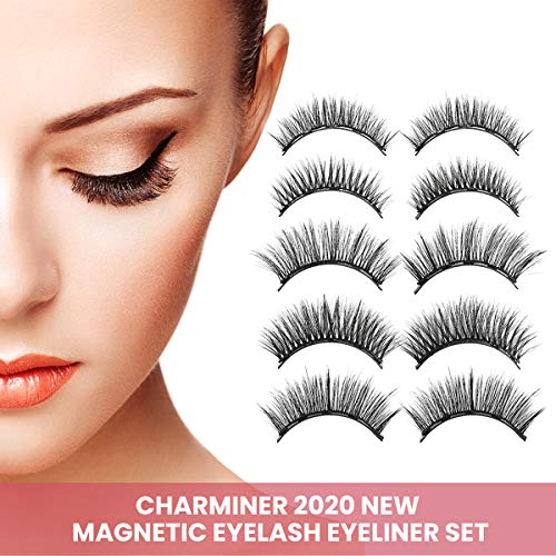 CHARMINER Magnetic Eyelashes with Eyeliner Lashes, Super Waterproof Magnetic Eyelashes with Tweezers, Women False Eyelashes 5 Style 3D Handmade Natural Eyeliner Long Lasting for Party, Daily(Pink)