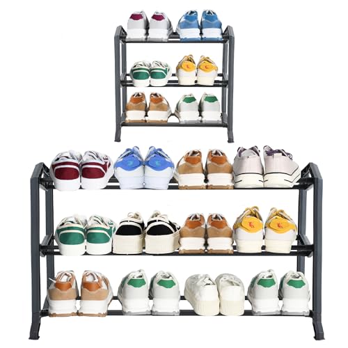 Image of happhom 3-Tier Expandable Shoe Organizer, Space Saver Shelf with Smart Design, Small Shoe Rack for Entryway, Cabinet and Small Spaces, Dark Grey (CSR-02)