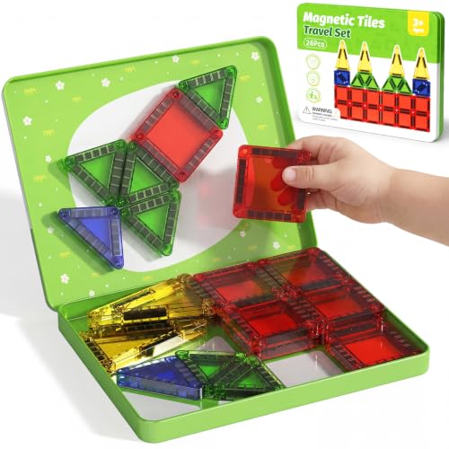 Image of Travel Magnetic Tiles for Kids Car Games Road Trip Essentials | 26 PCS Mini Magnet Building Blocks in Tin Box to Stop Crying - 0.64 lb Pocket Size Educational Toy- Boys Girls Age 3-8