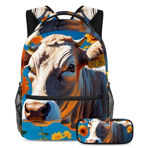 Cartable 2 pièces imprimé vache et fleur pour enfants et ados