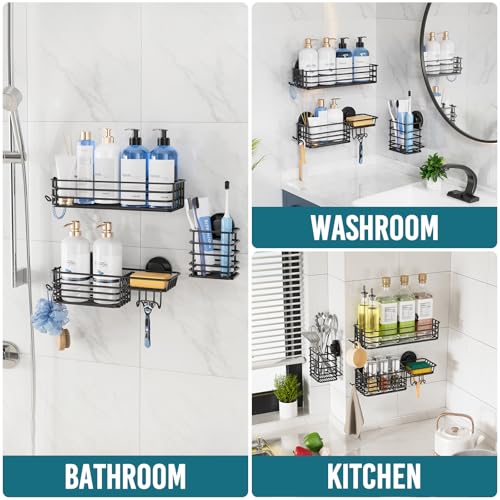 Image of TAILI Shower Caddy Suction Cup, 3 Pack Shelves for Inside with Hooks, Black | Soap Holder, Toothbrush Cups, Removable Bathroom Organizer, Rustproof Shower Shelves