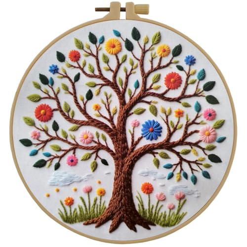 Image of Esffaci Embroidery Starter Kit for Adult Beginner with Colorful Flower Tree Pattern Hand Embroidery Set with Cloth Hoop Needle Threader Floss and Instruction