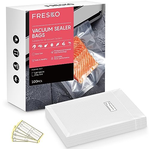 FRESKO Bolsas de vacío 28 x 40 cm / 100 unidades, bolsas de plástico profesionales, aptas para todas las envasadoras al vacío, sin BPA, ranuras de aire en relieve, bolsas para congelador Sous Vide