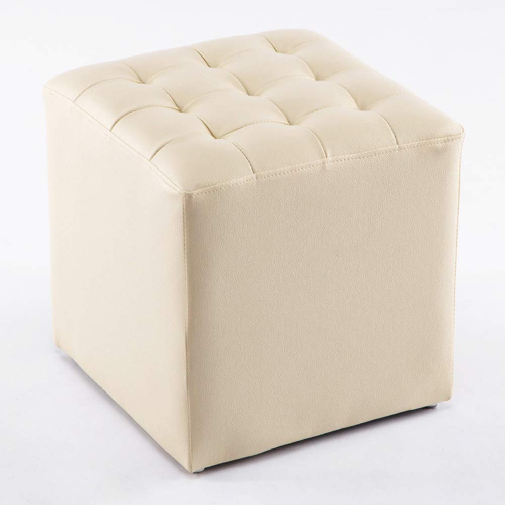 Tabouret pouf en cuir et bois massif, petit banc de salon