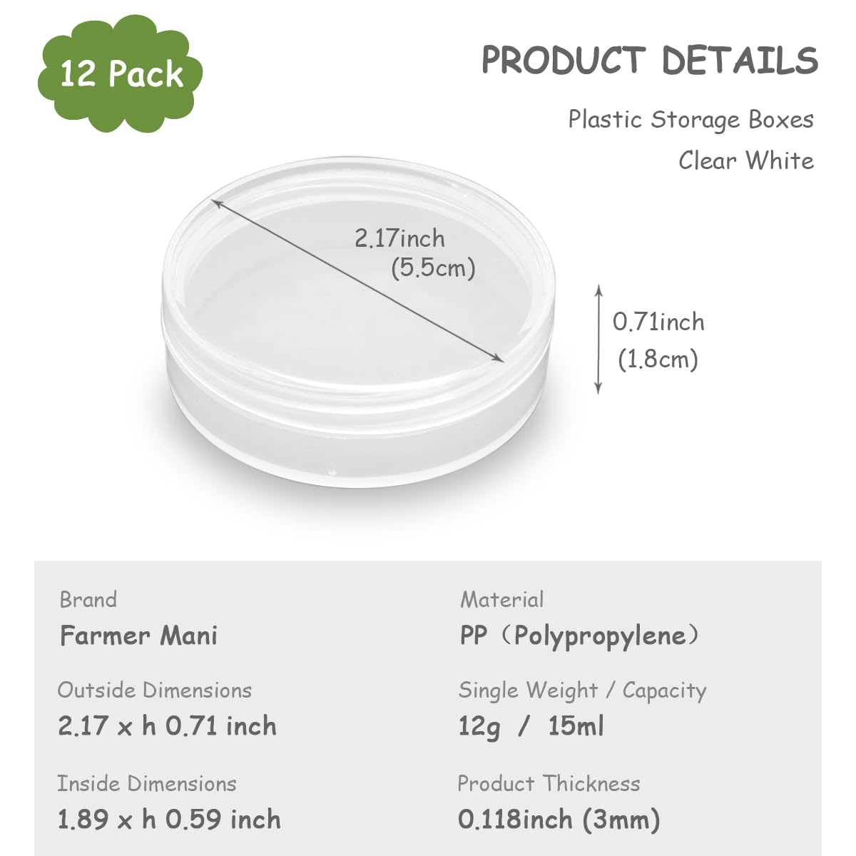 Farmer Mani 12 Pieces Mini Plastic Round Containers (0.5 oz) 2.17 x H0.71 Inch, Plastic Round Storage Jars for Collecting Small Items, Beads, Jewelry, Game Pieces, Crafts