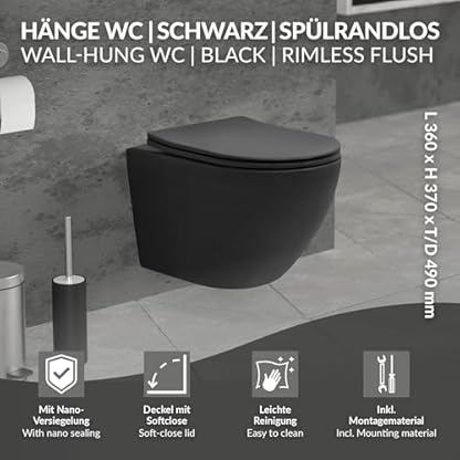 ECD Germany Hänge-WC kurz, spülrandlos mit Nano-Versiegelung, schwarz matt, Wand-WC mit WC-Sitz abnehmbar aus Duroplast Softclose Absenkautomatik, Tiefspüler Toilette aus Sanitärkeramik, Tiefspül-WC – Bild 3