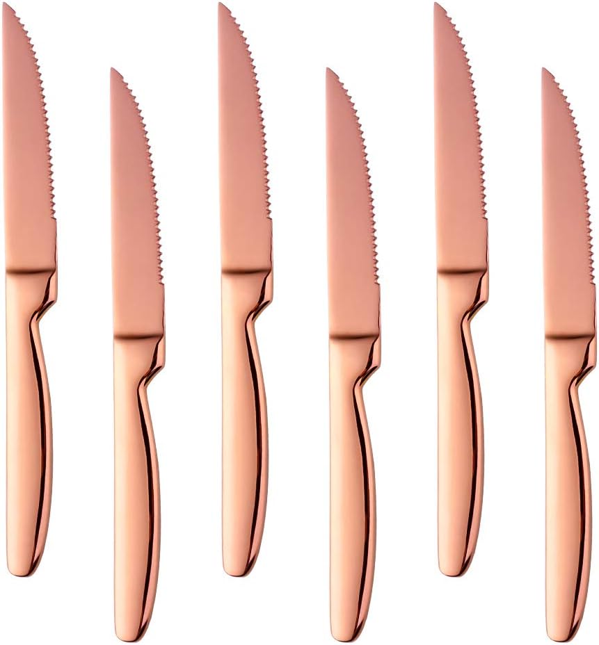 Stainless Steel Serrated Steak Knives Set of 6, Rose Gold Coloured Dinner Knives Table Knifes Thick Cutlery Knives for Cutting Steak Meat 8.66 inches (22cm)