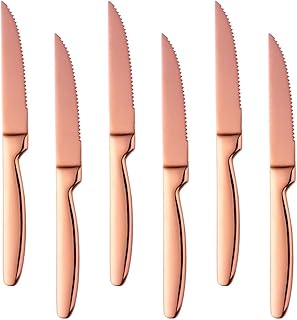 Bisda Juego de 6 Cuchillos de Carne Oro Rosa serrado Steak Knives Acero Inoxidable Sierra Cuchillo para Carne 22cm de Largo Cuchillos de Mesa Cuchillos de Cocina lavavajillas Seguro