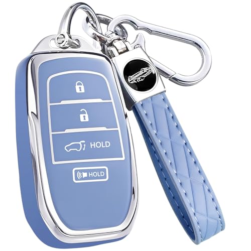Key Fob Cover for Toyota - Premium Soft TPU Shell Full Protection Case with Keychain Fits Grand Highlander Corolla Camry Tundra Prius Sequoia Venza Tacoma 4Runner Rav4 Land Cruiser Blue 4-Button