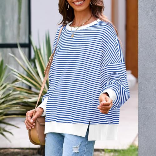 Oversized Striped Shirt Women Waffle Knit Crewneck Long Sleeve Sweatshirt - image 6