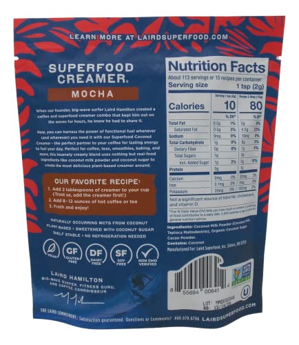 Laird Superfood Creamer 2 Flavor Variety - (1) Each: Mocha With Cacao, Original Sweet & Creamy (8 Ounces) - Plus Recipe Booklet Bundle #TOP1