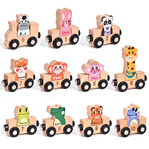 Atoylink 11 Pcs Wooden Train Cars Set Toddlers Magnetic Animal Train Toys Number Matching Montessori Educational Toys Kids Boys Girls Age 3 4 5 #TOP6