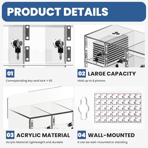 Cell Phone Locker 100 Slots, Wall-Mounted Cell Phone Lock Box with Keys, Acrylic Cell Phone Storage Locker for Office Classroom Gym, Clear Cell Phone Locker Cabinet for Storage (Large 40 Slots)