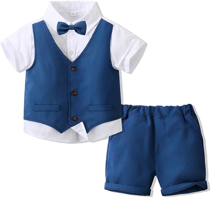 Baby Boys Fake 3 Piece set with Vest White Shirt,Bowtie and Short Pants