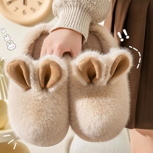 Kawaii Bunny Ear Women's Fuzzy House Memory Foam Slippers, Cute Furry Faux Fur Lined Bedroom Shoes, Cozy Indoor Slide (8,Brown)4