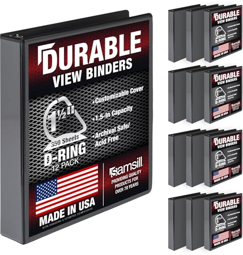 Samsill Durable 1.5 inch 3 Ring Binder, D Ring Binder, 100% Recycled Chipboard, Black, 12 Pack