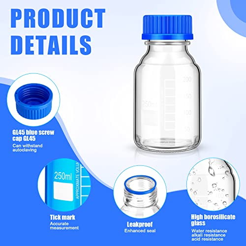 Irenare 8 Pieces Media Storage Bottles Borosilicate Storage Glass Bottle Scientific Round Graduated Media Bottle With Blue Gl45 Screw Cap For Lab Water Reagent Liquids (250 Ml) #TOP2