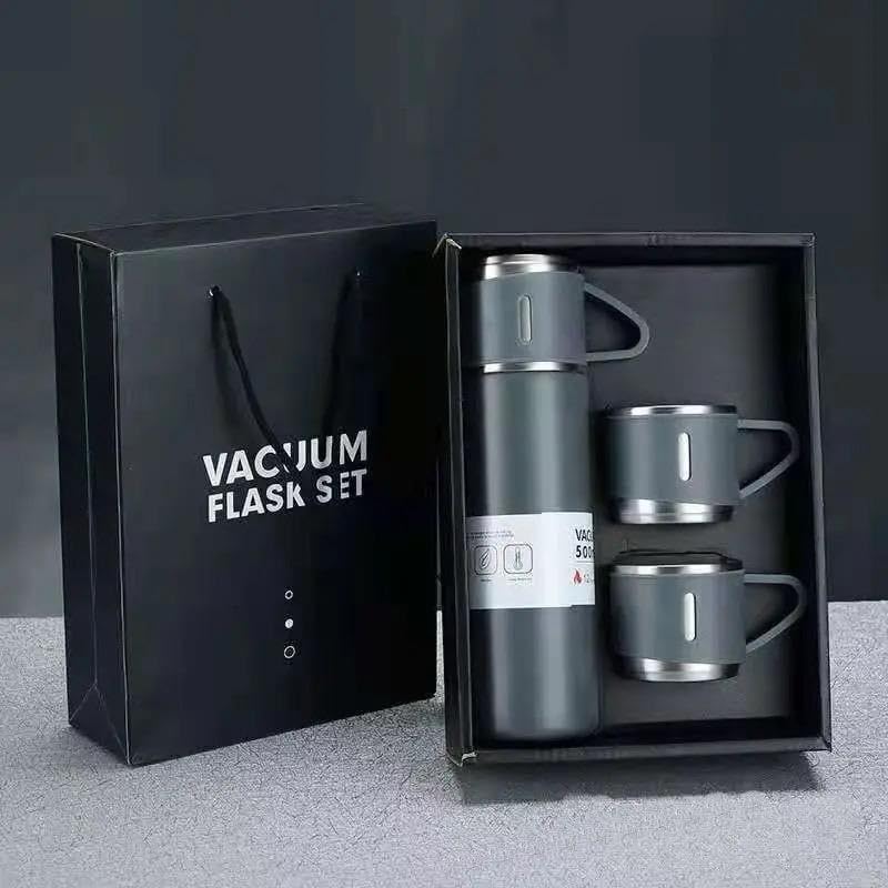 Image of Double Wall Stainless Steel Thermo 500ml Vacuum Insulated Bottle Water Flask Gift Set with Two Cups Hot & Cold Diwali Gifts for Employees Corporate Gift Items (Grey*)(Multi Colour)