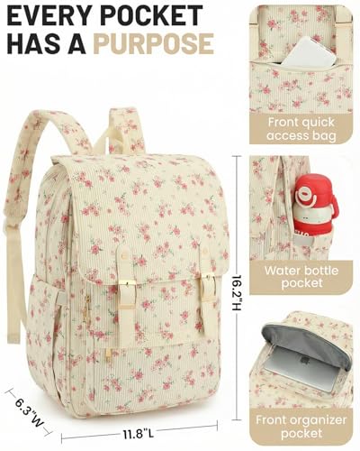 Image of Corduroy Laptop Backpack for Women, Fits 15.6 Inch Computer Bag, College High School Bookbag Travel Daypack Purse, Work Business Bags - Beige Corduroy Floral Pink