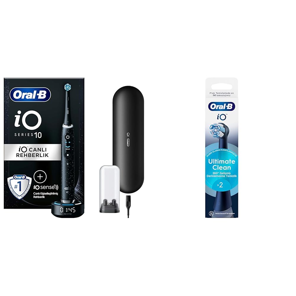 Oral-B iO Sense ile iO - 10 Siyah Elektrikli/Şarjlı Diş Fırçası + Oral-B iO Ultimate Clean Siyah Diş Fırçası Yedek Başlığı 2 Adet