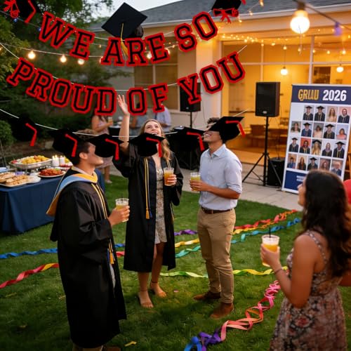 Image of We Are So Proud Of You Banner Graduation Party Decorations Congrats Grad Cap Garlands Wall Sign Red Black