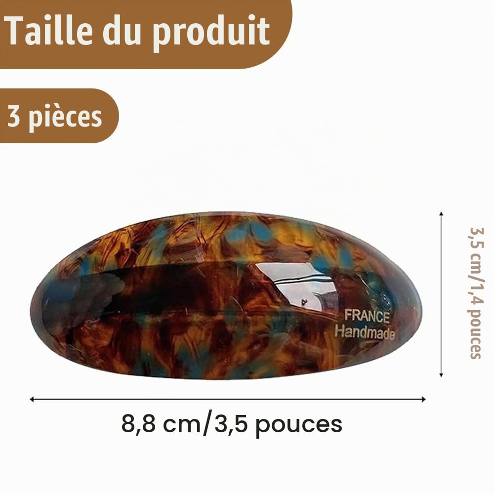 Ensemble de 3 barrettes ovales en fibre d'acétate, barrettes vintage de grande taille en écaille française, adaptées aux femmes et aux filles aux cheveux épais