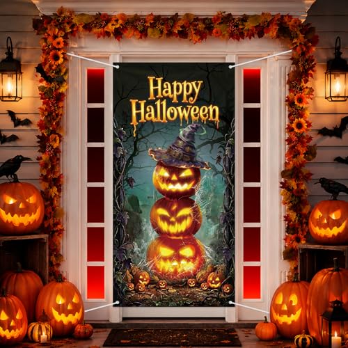 71 x 35 Inch Halloween Door Cover Happy Halloween Pumpkin Stack Door Banner with Glowing Jack O Lantern Design for Front Door Porch Haunted House Party Decorations