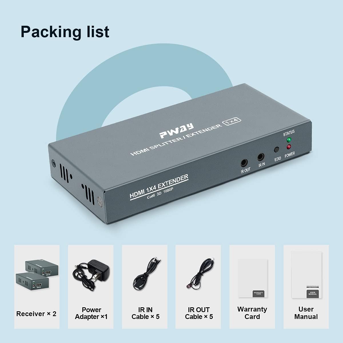 PW-HTS0104IR(POC) Extendeur répartiteur HDMI Port 1X4 sur câble Ethernet Cat5e/Cat6 avec IR Pas de délai jusqu'à 60 m (196 Pieds) et résolution jusqu'à 1080P@60Hz (1 entrée 4 Sorties)