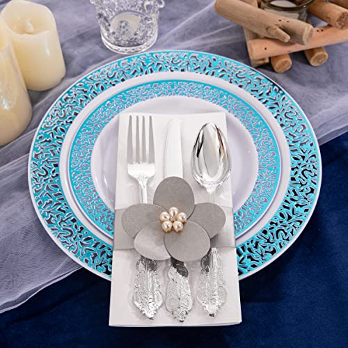 Wellife 180Pcs Blue Plastic Plates With Silverware, Blue Plastic Dinnerware Set Includes: 30 Dinner Plates, 30 Dessert Plates,30 Blue Cups And 30 Cutlery Sets For Independence Day #TOP2