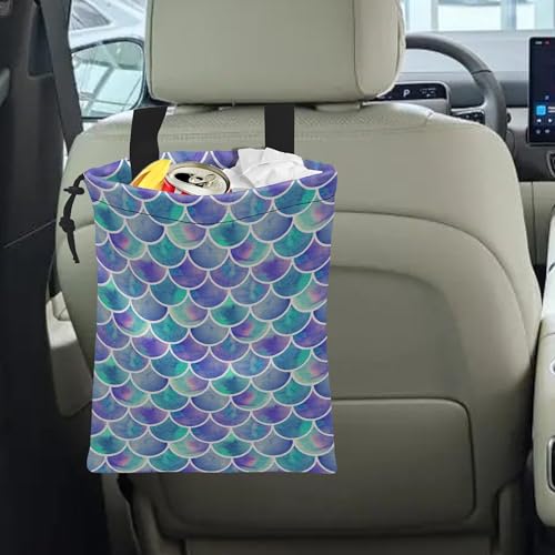 Image of Car Trash Bag Hanging Mermaid Rainbow Scales Car Trash Can Waterproof Garbage Bag Hanging for Car Back Seat
