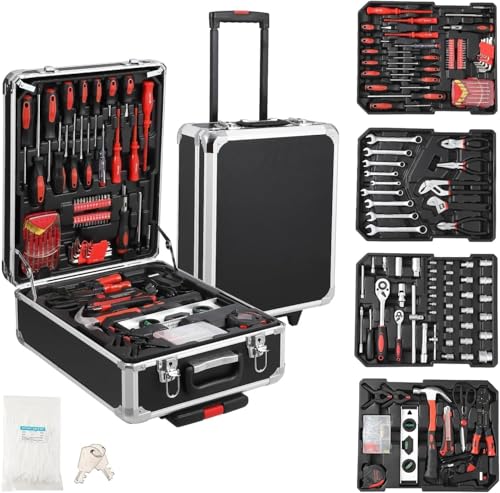 Werkzeugkoffer Gefüllt,800 Werkzeug Set Aluminium Werkzeugkoffer Mit Rollen, Werkzeugset Haushalt Basics Werkzeug Für Werkstatt Und Haushalt Mit Schraubenschlüssel, Hammer,Zange, Schraubenziehe