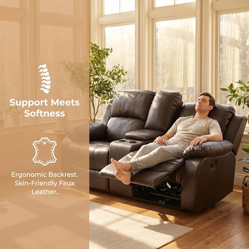 Image of Leather Power Recliner Sofa Set, Leather Recliner Couch Sets with Cup Holders, Storage Console, 2 Piece Sectional Sofa with USB Charging Port for Home Theater, Living Room, Office, Brown