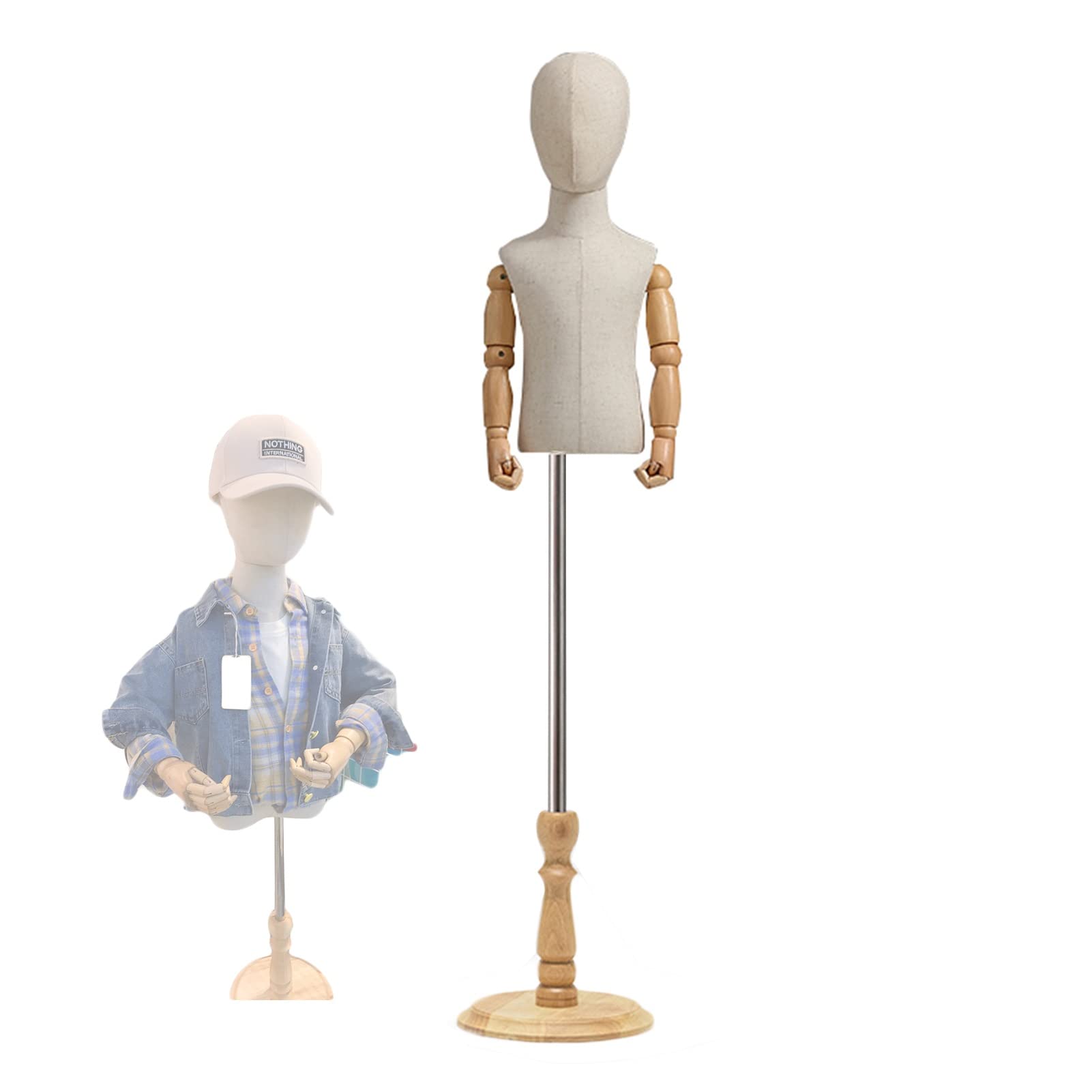 HAIPENG Child Mannequin Torso Body, Sewing Dummy With Head And Arms, Adjustable Height Shop Window Display Rack, Round Wooden Base, 2 Colors (Color : Wood color, Size : 4 Years Old)