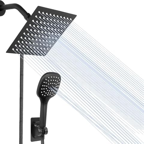 NearMoon Shower Head with Hose, High Pressure Stainless Steel Rain Showerhead and 3 Settings Handheld Spray Combo with Push Button Flow Control (8 Inch Square Shower Head Set, Matte Black) Cover