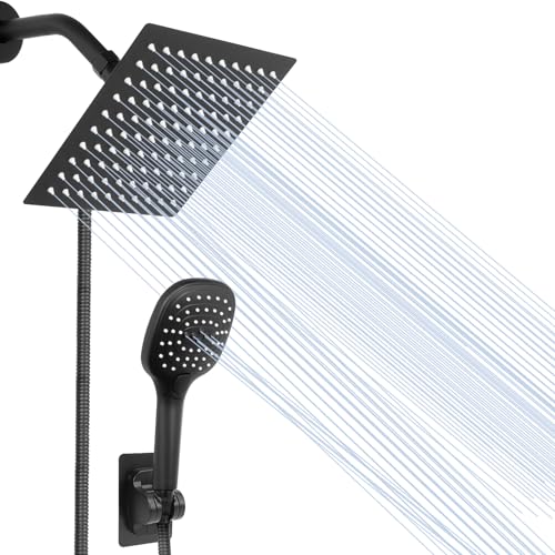 Shower Head with Hose, High Pressure Stainless Steel 8 Inch Rain Showerhead and 3 Settings Handheld Shower Spray Combo with Push Button Flow Control(NearMoon Square Shower Head Set) (Matte Black) by NearMoon - Used condition - CA$56.81