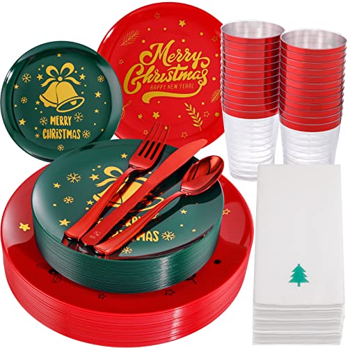 WDF 175pcs Christmas Plates Plastic Disposable - 25Green Plates 25Red Plates with Gold Bells, 75Red Plastic Silverware, 25Clear Cups Red Rim and 25Christmas Tree Napkins for Parties