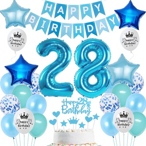 Ohaoduo ballons Décoration 28 ans anniversaire homme bleu Décoration gâteau 28 ans anniversaire homme Décoration Ballon 28 ans anniversaire homme ballons bleu Déco anniversaire 28 ans homme