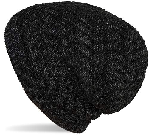 styleBREAKER Damen Strick Beanie Mütze mit Pailletten und Thermo-Fleece Futter, Winter Slouch Beanie 04024168, Farbe:Schwarz