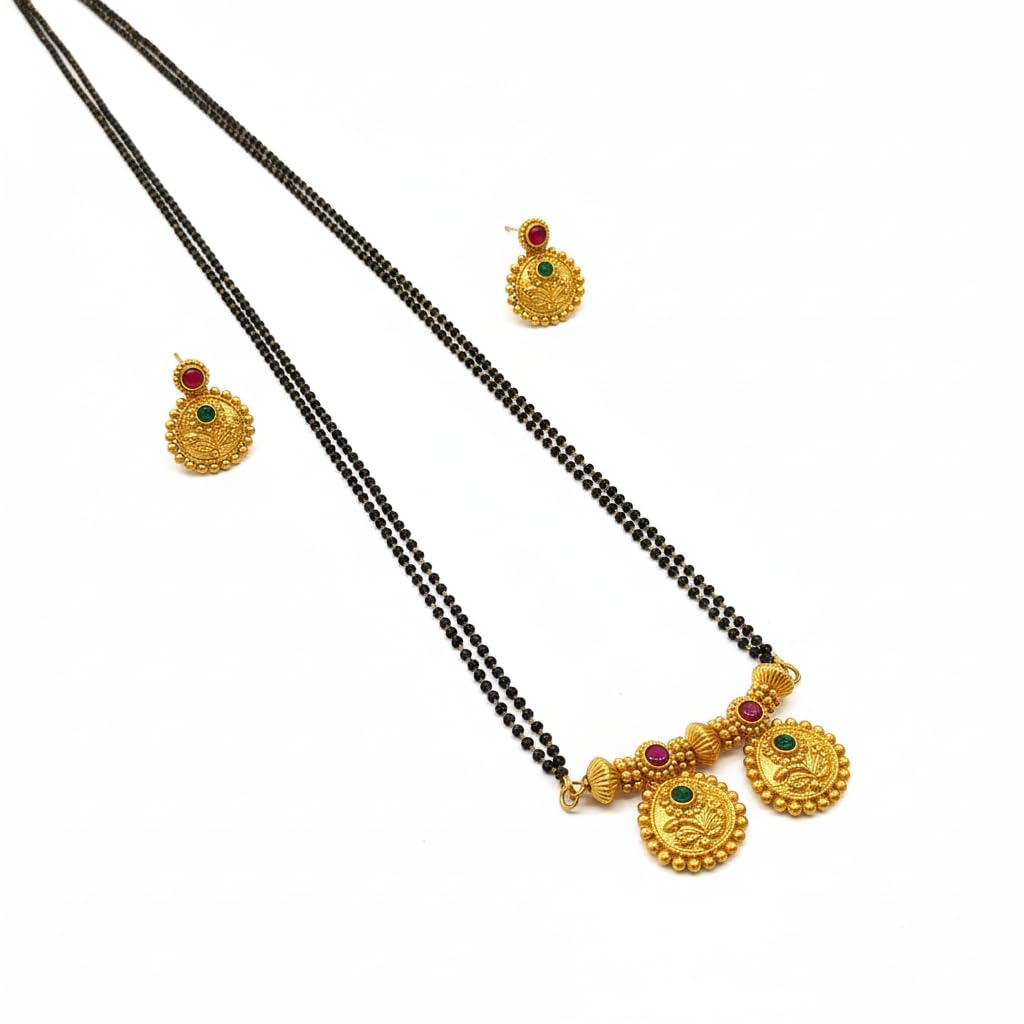Traditional Black Beaded Mangalsutra Necklace Set with Gold-Plated Pendant and Matching Earrings, Multi-Strand Design for Women-image-22
