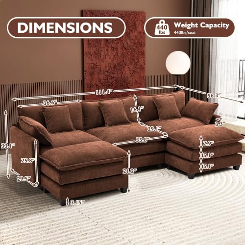Image of Ihanherry 111.4 inch U Shaped Modern Sofa Modular Sectional Luxurious and Comfortable with 2 Ottoman, 5-Seat Chenille Deep Seat Sofa with Pillow for Living Room, Bedroom and Apartment, Brick Red