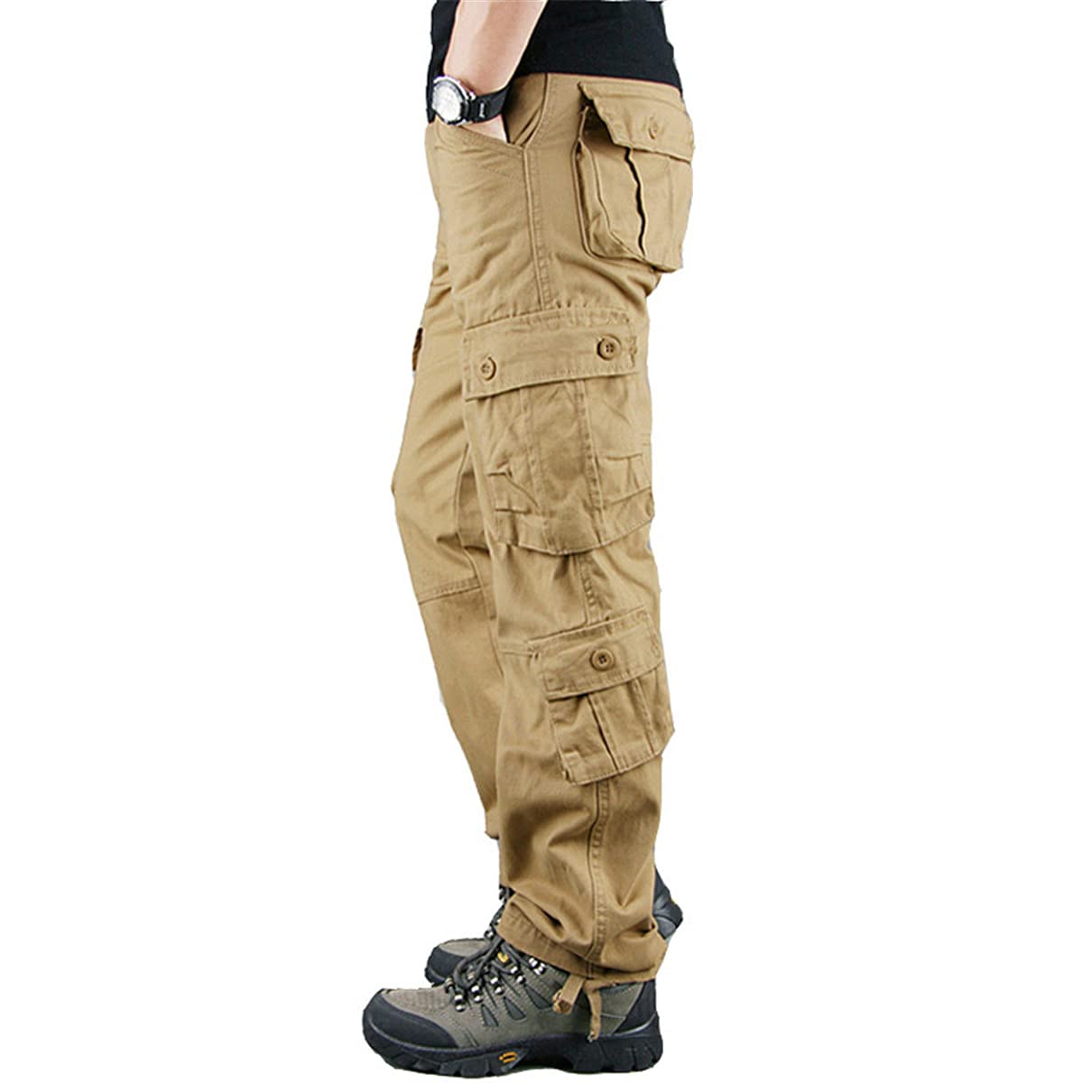 HARGLESMAN Men's Cargo Pants Overall Quick Dry Lightweight Breathable Loose Fit Cotton Trousers Outdoor Regular Hiking Work Aesthetic Solid Carpenter Jean with 8 Pockets Khaki 32 M