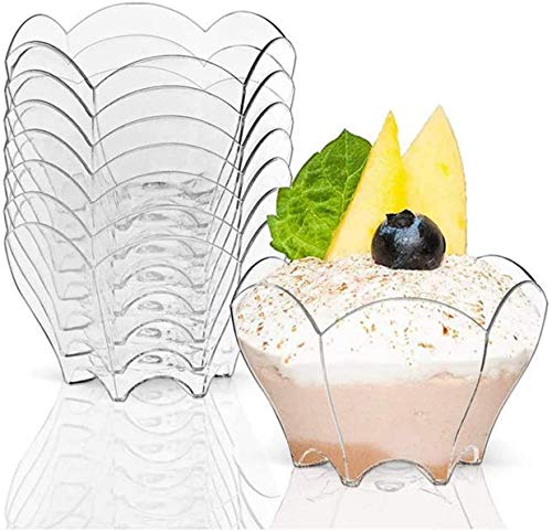 QXcom 60 Pieces 3 Oz 90ml Clear Plastic Ice Cream Petal Dessert Bowls Disposable Flower Shape Dessert Cake Snack Bowl Cups Sundae Dessert Bowls Salad Appetizer Serving Bowl Party Favor Wedding Bowl